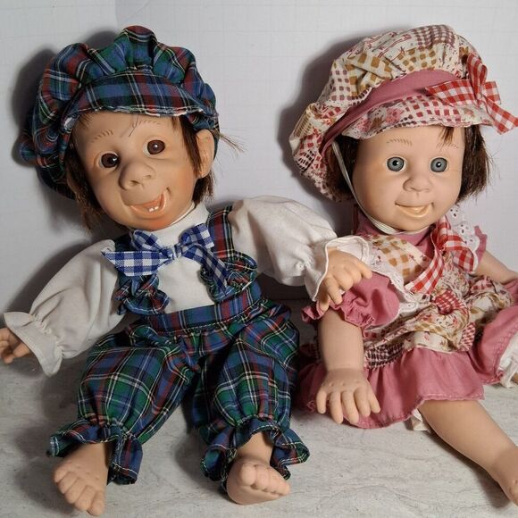Gi-Go Boy Doll Plaid Outfit, & Girl Doll Red Outfit, Smiles on Both Baby Doll's - Picture 1 of 7